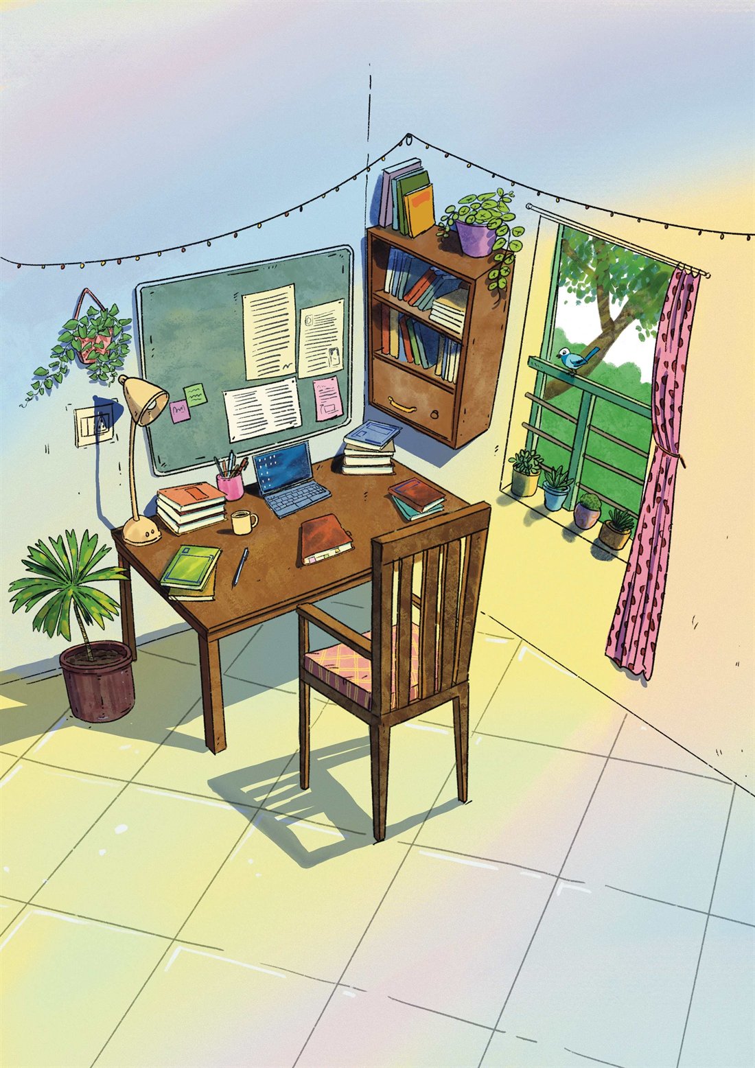 Illustration of a writer&rsquo;s desk by a window