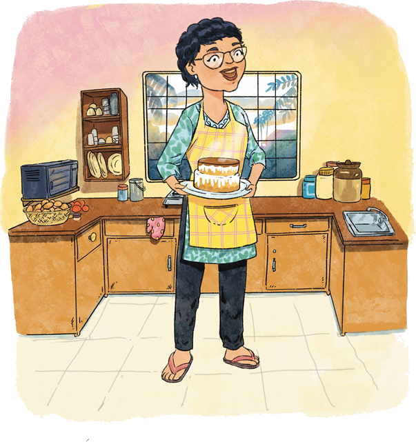 Illustration of Swati Sengupta in her kitchen